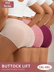 SHEIN 3 pièces Sous-vêtements pour femmes grande taille, confortables et extensibles, à taille haute, avec rayures zébrées sans couture et couvrance intégrale, rehaussant les fesses. Sous-vêtements grande taille pour femmes, culotte moulante et confortable. - Multicolore - Voir 5