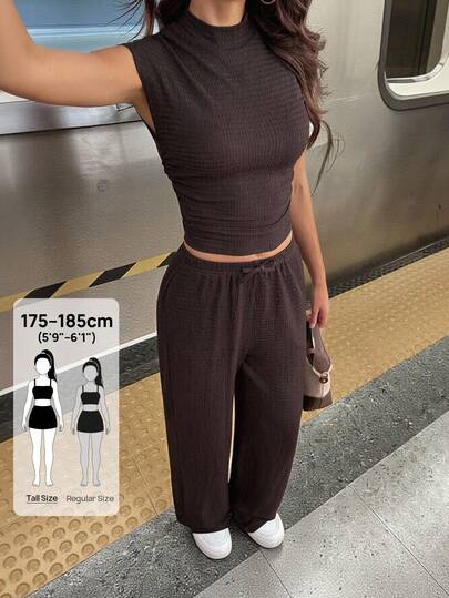 SHEIN Tall 2pcs Women Summer Solid Color Stand Collar Pleated Blouse And Pants Set, Casual Women Clothes Workout Clothes Women Summer Clothing Woman Summer Clothes Casual Sets For Women Brown Two Pieces Set Women Two Pieces Pants Set Women Casual Two Pieces Set Comfortable Two Pieces Set Brown Pants Set Women Brown Pants Two Pieces Set