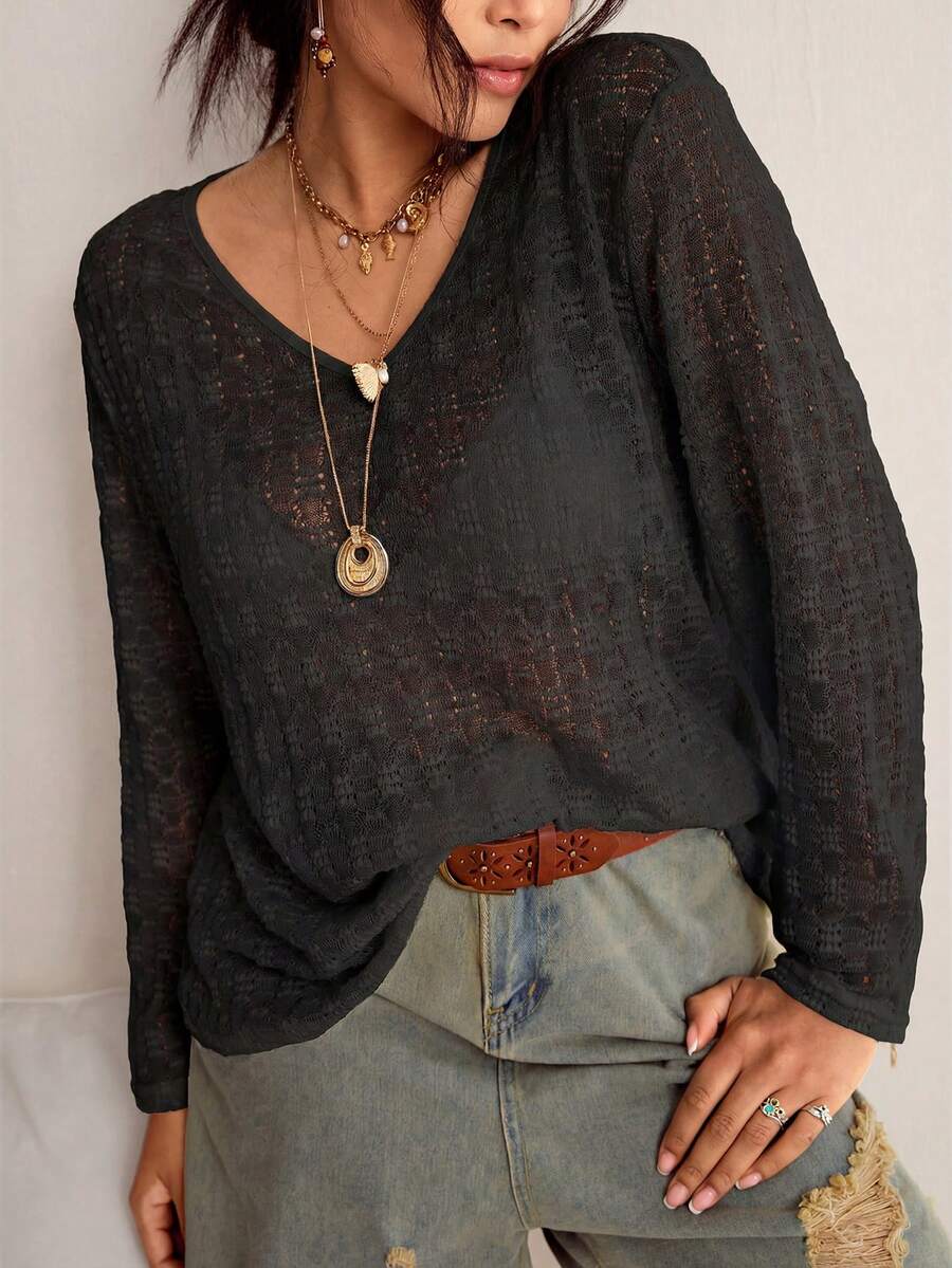 Freevana 大码女式V领长袖提花休闲T恤 - 黑色 - 查看 1