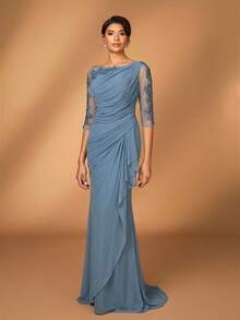 Serin Elegante y lujoso vestido de encaje bordado, de manga larga, con malla elástica, volantes y dobladillo de sirena, adecuado para bodas, eventos, despedidas de soltera, vacaciones, galas y vestido de madre de la novia - Neblina azul - Ver 7