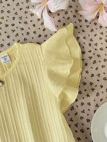SHEIN Áo thun cổ tròn tay bồng chất liệu vải dệt họa tiết, màu vàng, dành cho bé gái tuổi teen. - Màu vàng - Xem 4
