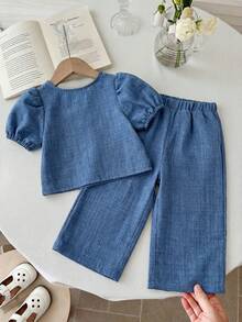 SHEIN Setelan Cardigan Lengan Pendek dan Celana Panjang Warna Biru Tua & Putih dengan Hiasan Pita untuk Bayi Perempuan, Cocok untuk Jalan-jalan di Musim Semi, Pakaian Musim Panas untuk Anak Perempuan - MultiWarna - View 3