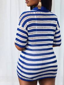 BamGleam Áo khoác cardigan dệt kim dáng casual kẻ sọc rỗng mới dành cho nữ - Xanh và trắng - Xem 2