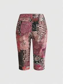 ROMWE Grunge Punk Retro Leopard & Floral Print Y2K Style Fitted Denim Shorts - Baby Pink - View 2