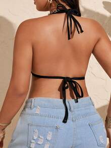 Swim Lushoire Plus Size Women Deep V Neck Drawstring Shoulder Strap Floral Trim Swimwear Top, Summer Beach Vacation - Black - View 2
