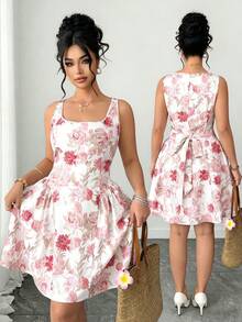 Elenzga Plus Size Women Elegant Square Neck Floral Print Casual Summer Dress - Multicolor - View 3