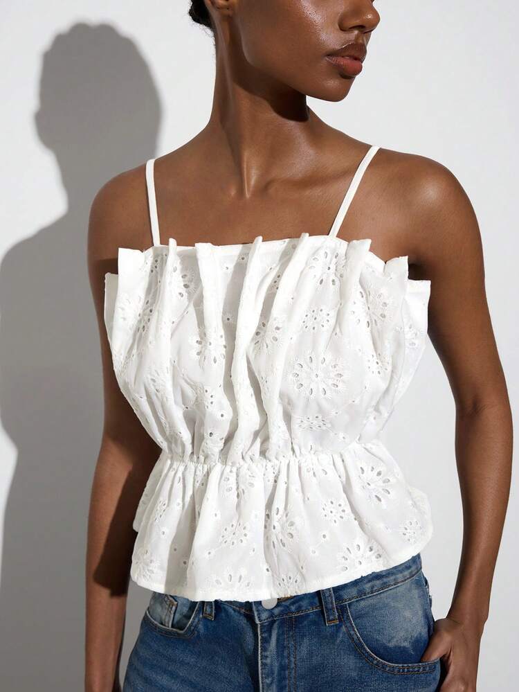 SHEIN Maija Women's Summer Minimalist Solid Color Hollow Embroidery Ruffle Hem Blouse, Summer Tops, Summer Outfit For Women, Summer Clothes , Spring Outfit, Spring Clothes Women, Festival Outfits, Beach, Beach Outfit, Elegant Women's Blouses , Casual Blouse For Women, Holiday, Vacation , Country Concert Outfit