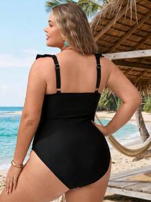 SHEIN CURVE+ Traje de baño de una pieza para mujer de talla grande, estampado de leopardo, para vacaciones de verano - Negro - Ver 2
