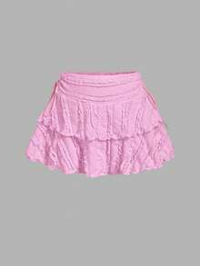 SHEIN MOD Drawstring And Fold Detail Solid Color Cake Skirt Daily Light Pink Autumn Y2k - Pink - View 3