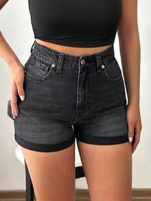 SHEIN High Waist 90's Style Casual Streetwear Black Denim Short Folded Hem Detailed Beach City Break Going Out Summer - Black - View 6