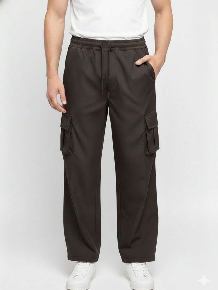 Pantalon de cargo lino corte recto - Negro - Ver 1