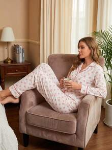 Conjunto de pijama con estampado de corazones y ribete de contraste - Rosa - Ver 3