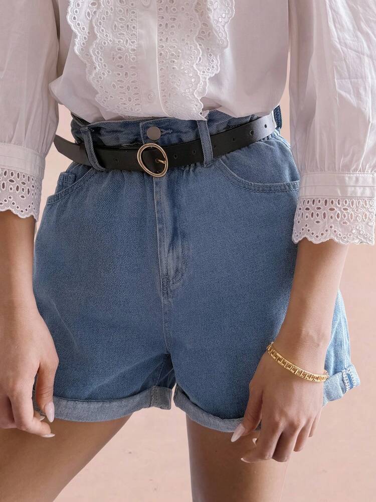 Women's Casual Loose Denim Shorts With Ruched Waist, Suitable For Summer Vacation
