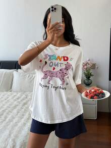 Livesso 字母和动物涂鸦印花T恤和短裤女士睡衣套装 - 白色 - 查看 4