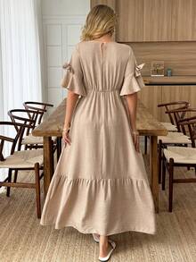 EMERY ROSE Women's Casual Vacation Outdoor & Indoor Round Neck Ruffle Bow Tie Short Sleeve High Waist A-Line Long Dress, Spring/Summer - Khaki - View 2