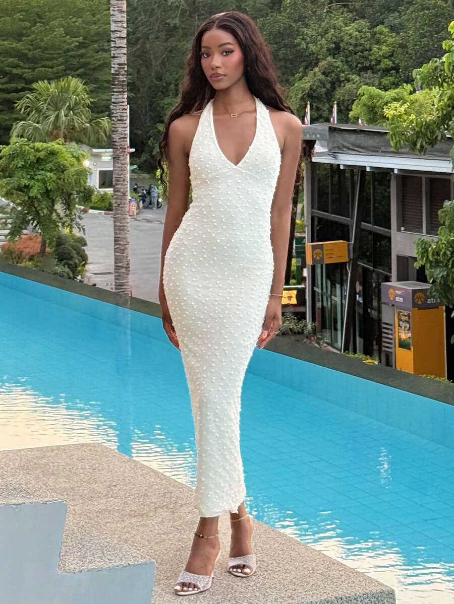 Mima John 春夏新款浪漫 V 领纹理紧腰修身长裙，优雅约会之夜造型 - 杏色 - 查看 1