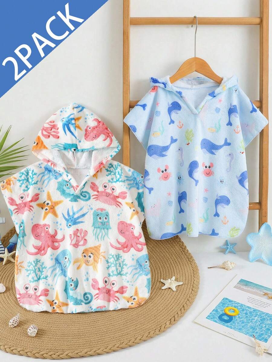 SHEIN Cozy Pixies Baby Boy Cartoon Pattern Knitted Soft Hooded Sleeveless Cover Up Toddler Poncho Toddler Beach Cover Up Boy Hooded Cover Up Baby Beach Robe Whale Print Cover Up,Kids