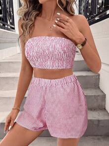 SHEIN LUNE 3件套女士休闲条纹刺绣抹胸上衣、衬衫和短裤套装，适合情人节和度假海滩装扮，女士街头休闲衬衫，女士度假装扮，女士夏季假日装扮，沙滩套装，女士度假装扮，女士夏季装扮，女士夏季套装，女士红色上衣，红色休闲上衣 - 紅白色 - 查看 6