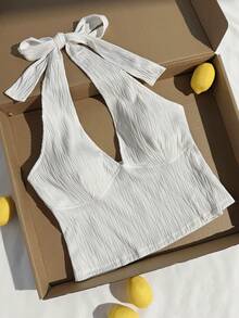 SHEIN EZwear 大码纯色吊带系腰露背短款上衣 - 米色 - 查看 7