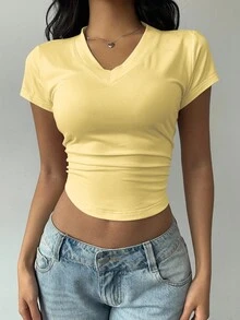 SHEIN BASICS 休闲纯色V领短袖修身女式T恤 - 鵝黃色 - 查看 4