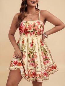 Travachic WYWH Women Vacation Spring Break Plus Floral Print Ruffle Hem Cami Flower Dress Summer Dresses For Size Sundresses - Multicolor - View 4