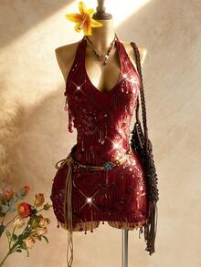 Soleia 女士性感V领吊带露背亮片迷你连衣裙，适合圣诞节、约会之夜、夜店、海滩、邮轮、下午茶、波西米亚风、度假等场合。 - 酒紅色 - 查看 1