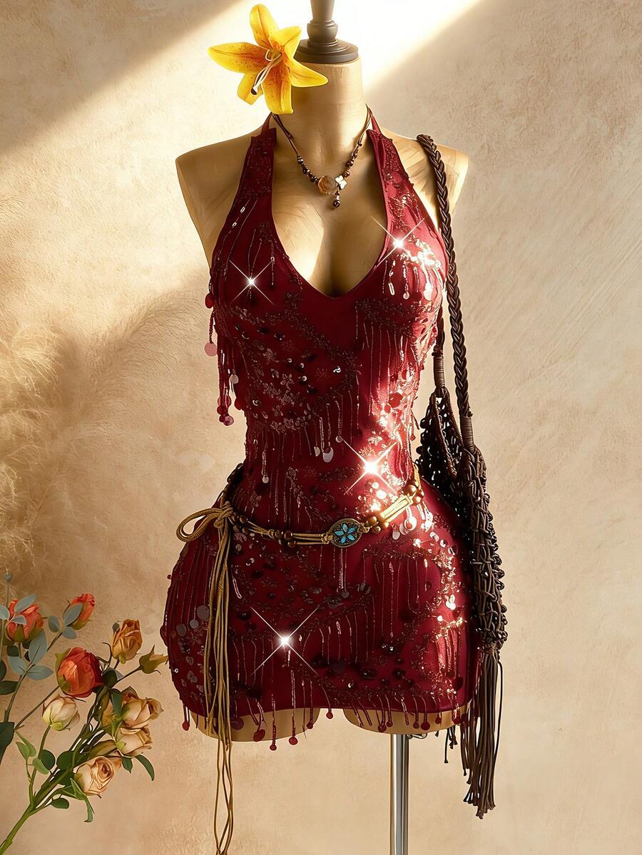 Soleia 女士性感V领吊带露背亮片迷你连衣裙，适合圣诞节、约会之夜、夜店、海滩、邮轮、下午茶、波西米亚风、度假等场合。 - 酒紅色 - 查看 1