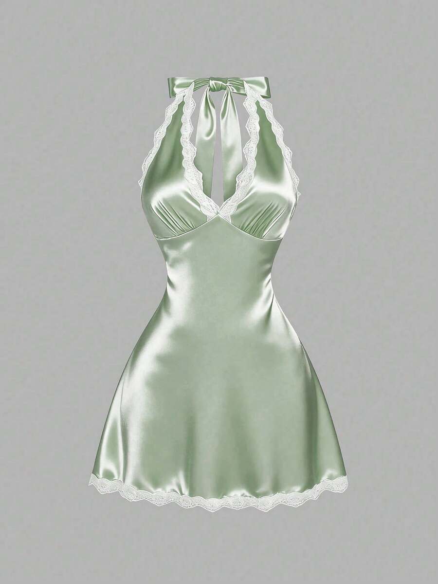 Sweetra Gaun Seksi Berpotongan V Dalam dengan Renda Satin, Gaun Mini A-Line Tanpa Punggung, Serbaguna & Melangsingkan untuk Perjalanan & Liburan - Lime Green - View 1