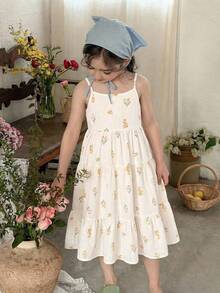 LMoss Kids Young Girl Ditsy Floral Tie Bow Ruffle Hem Dress, Suitable For Holiday & Travel Young Girls Dresses Kids Summer Dresses - Multicolor - View 5