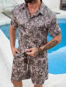 VENTUSAIL Conjunto de camisa de manga corta y pantalones cortos de satén jacquard de moda para hombres - Multicolor - Ver 6