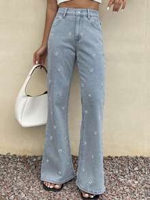 Livesso 女士休闲日常花卉刺绣口袋纽扣喇叭裤 - 藍色 - 查看 3