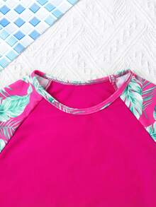 SHEIN Tween Girl Raglan Sleeve Tropical Plant Print Top And Shorts Swimsuit Set - Hot Pink - View 9