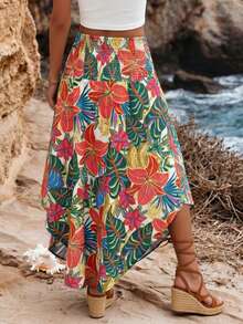SHEIN Holidaya French Style Tropical Floral Irregular Skirt With Elastic Drawstring Waist - Green - View 2