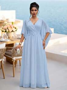 Fleurora 大码蓝色蕾丝3D立体花卉连衣裙，春夏闪亮正式礼服，修身显瘦，适合婚礼、晚宴、鸡尾酒会、毕业典礼、生日派对及其他正式场合。 - 藍色 - 查看 5