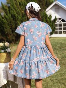 SHEIN Holidaya Women's Rose Flower Print Elegant Casual Ruffle Hem Denim Dress - Light Wash - View 2