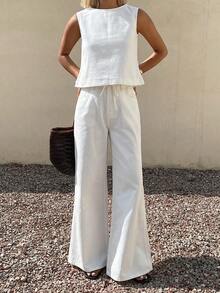 Livesso Bộ đồ nữ gồm áo trắng cổ tròn tay ngắn và quần jean ống rộng, trang phục đi nghỉ hè. - trắng - Xem 5
