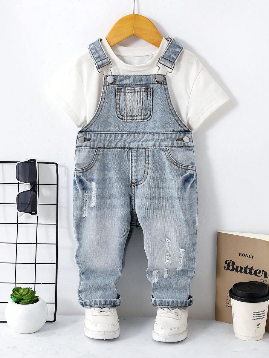 Genkimix Kids Handsome Baby Boy Distressed Personalized Oversized Printed Overalls, Fashion Black Denim Bib Pants - Light Wash - View 1