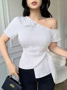 Celisse Áo kiểu dáng thanh lịch, cổ áo thắt nơ, vai trần, dáng ôm vừa vặn dành cho nữ. - trắng - Xem 7
