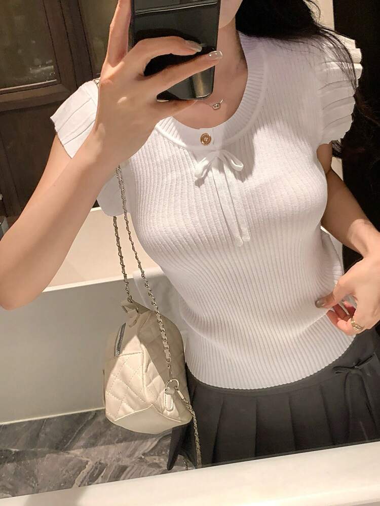Women's Solid Color Fitted Ribbed Elastic Short Sleeve Round Neck Drawstring Casual Vacation Lightweight Knit Top, Summer