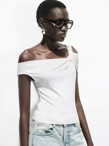 Lumivelle Áo kiểu nữ trễ vai nhún bèo, thích hợp mặc hàng ngày và đi làm, mùa hè. - trắng - Xem 4