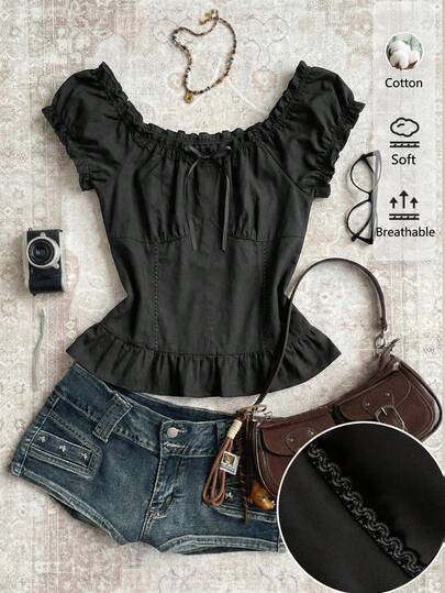 Attitoon Áo kiểu trễ vai bèo nhún kẻ caro, áo nữ dễ thương, màu nâu