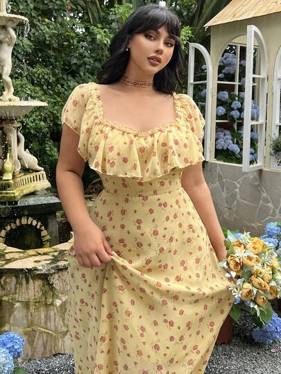 Lyrianda Plus Size Women Ditsy Floral Ruffle Hem Elegant Sweet Cute Dress