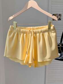Comfortcana 大码纯色弹力腰宽松休闲百搭短裤，柔软舒适，适合春夏穿着，黄色 - 黃色 - 查看 6