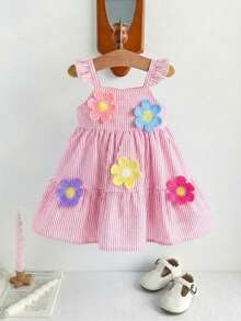 SHEIN Baby Girl Summer Casual Striped Dress With 3D Floral Decor - Pink - View 7