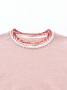 SHEIN Franclia Áo thun ngắn tay cổ tròn kẻ sọc phối màu tương phản, chất liệu vải dệt kim thoải mái, thích hợp cho mùa xuân/hè. - Màu Hồng  San hô - Xem 5
