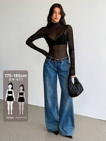 SHEIN Tall 女士纯色透视网纱立领长袖性感透视连体衣 Y2K 黑色