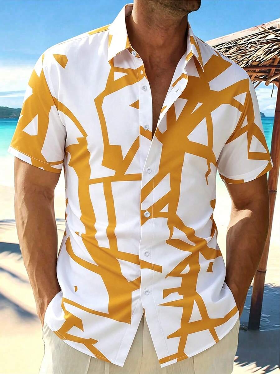 Manfinity Homme Herren Geometrisches Muster Einfachknopf Lässiges Kurzarm Hemd - Gelb - Übersicht 1