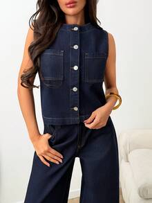 SHEIN Women's Denim 2 Pieces Set Casual Style Original Color Washed Single-Breasted Vest And Wide-Leg Pants - Medium Wash - View 4