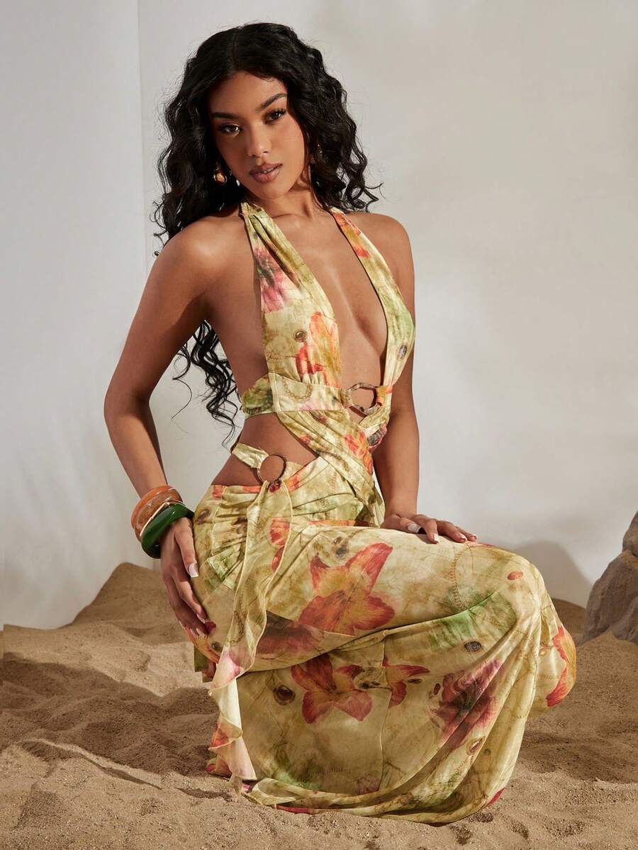 Opulessa Women's Vacation Knit Halter Backless Dress, Spring/Summer Holiday ,Going Out, Party, Beach - Green - View 1