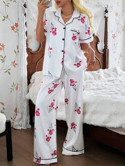 CottageSlumber Floral Print Silk Trim Cardigan Pajama Set For Women